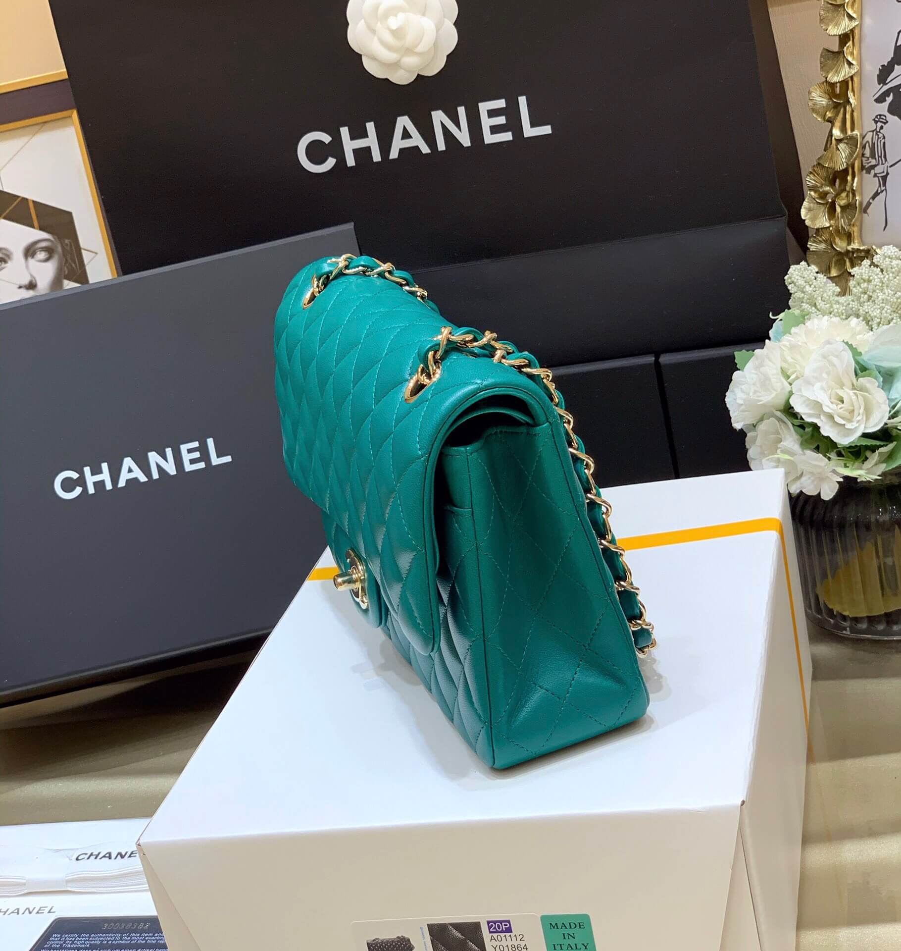Chanel香奈儿 CF25 Classic flap bag A01112宝石绿牛皮金扣