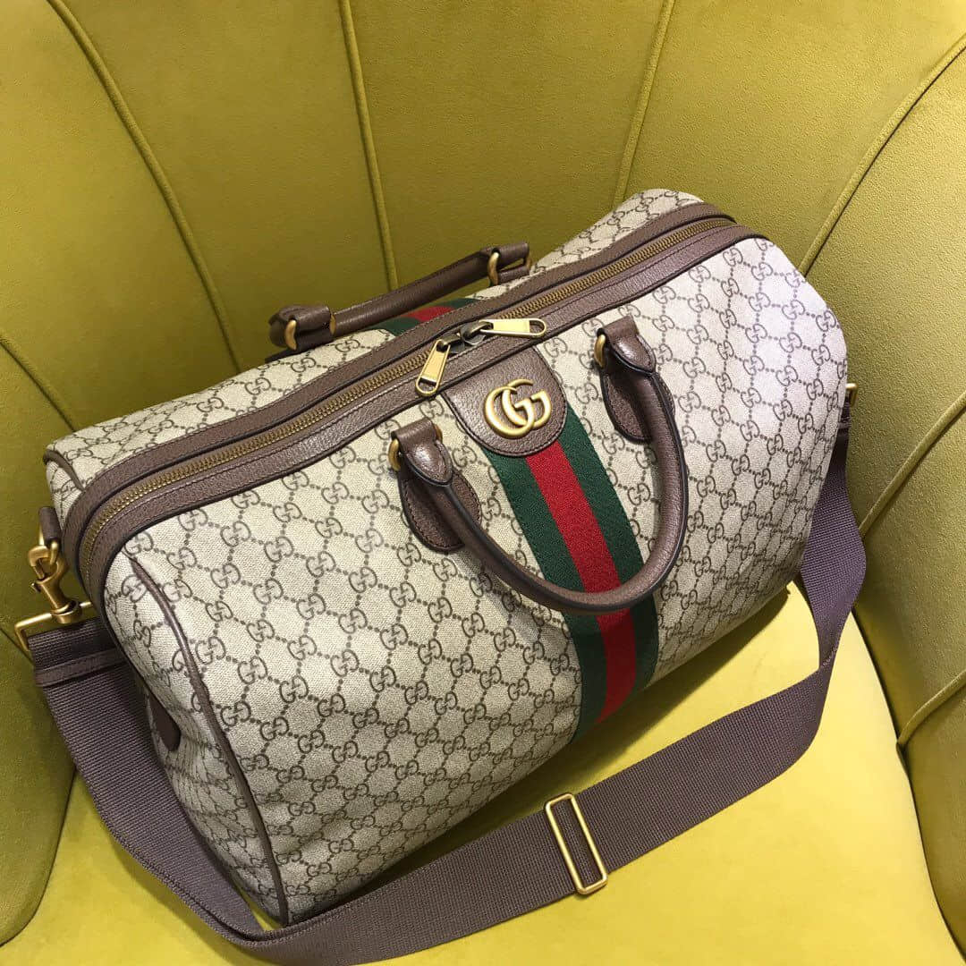 Gucci 547953 GG Supreme Keepall 红绿织带装饰旅行包