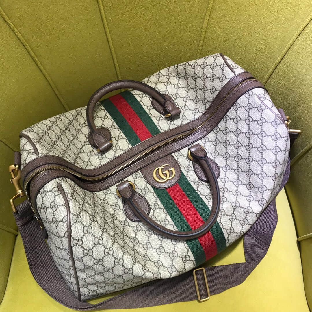 Gucci 547953 GG Supreme Keepall 红绿织带装饰旅行包