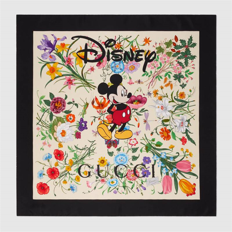 Disney x Gucci 607325 3G001 9888 花卉印花 真丝围巾