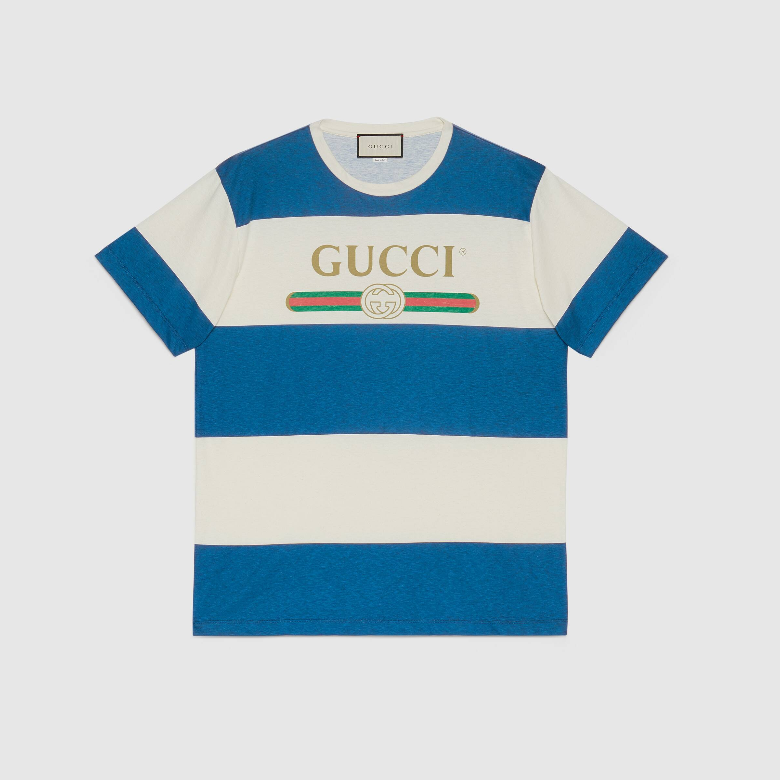 Gucci 604176 白/蓝色 Gucci标识条纹T恤