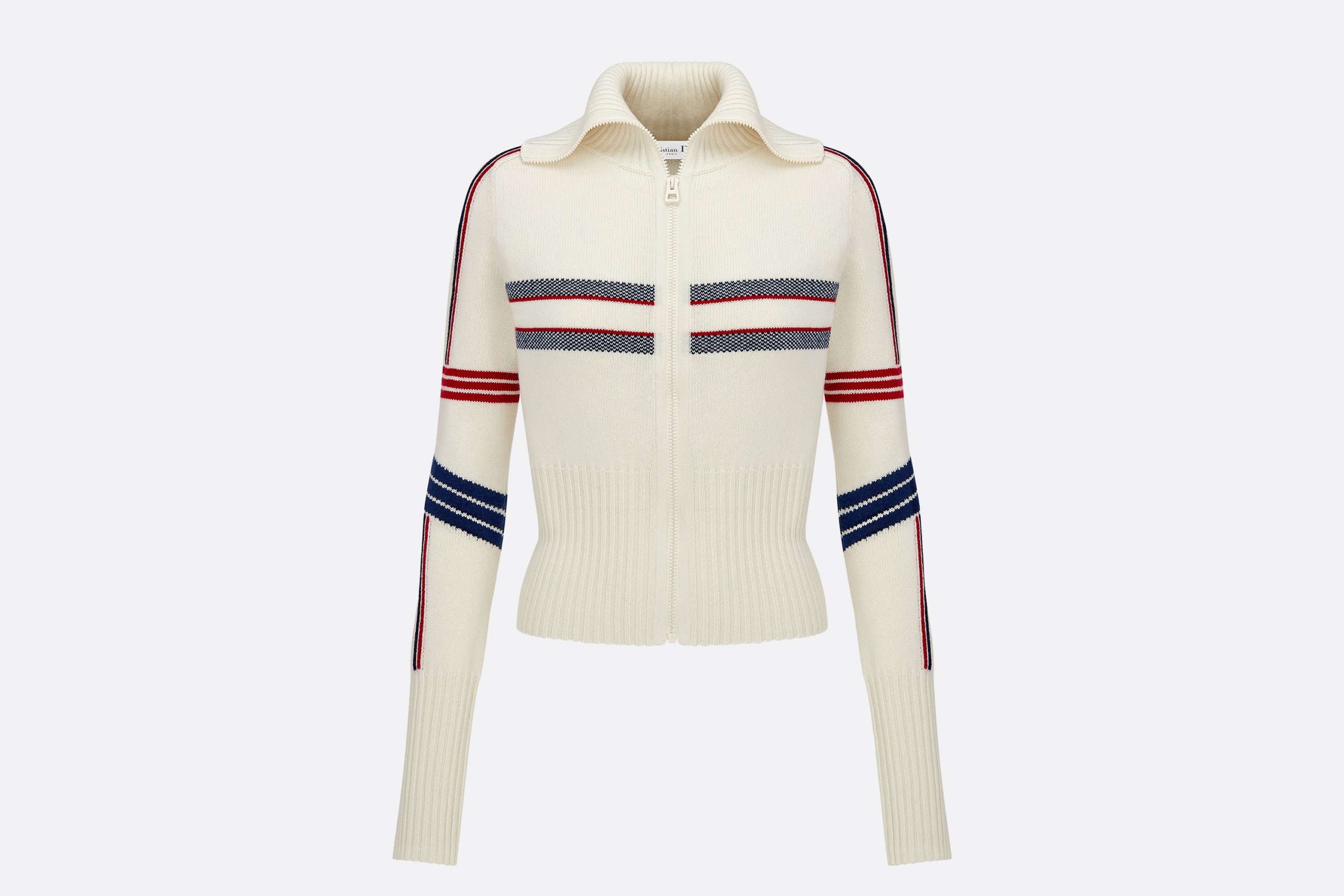迪奥2022秋冬新品：DiorAlps 短款开衫，白色羊毛和山羊绒混纺面料三色图案 