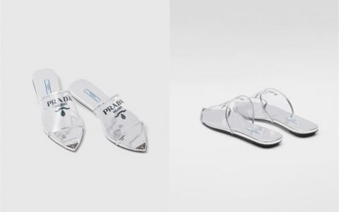 搜档网：Prada 人造玻璃高跟凉鞋，鞋头三角 Logo 超可爱！