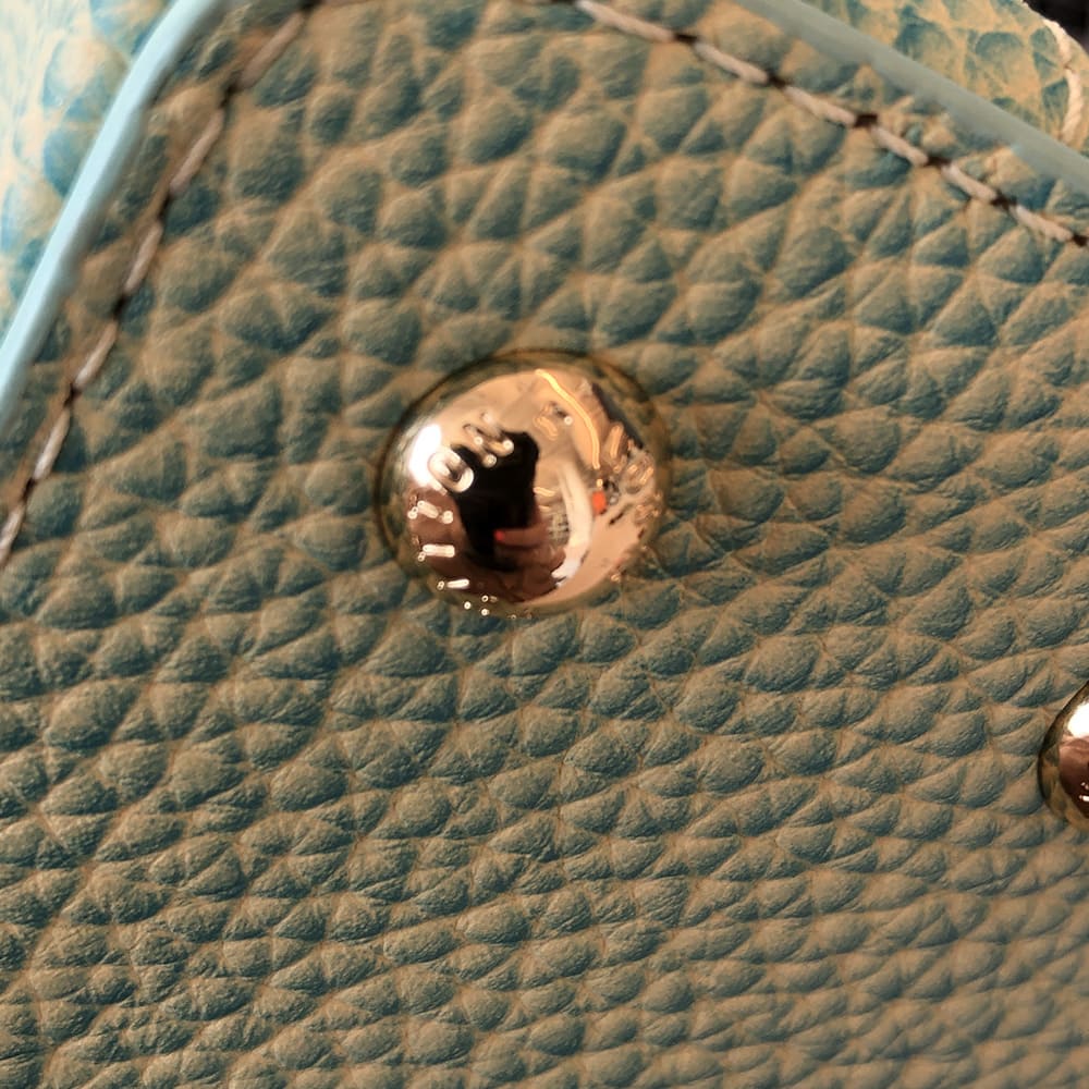 image of fake louis vuitton hardware feet on a capucines bag by FASHIONPHILE