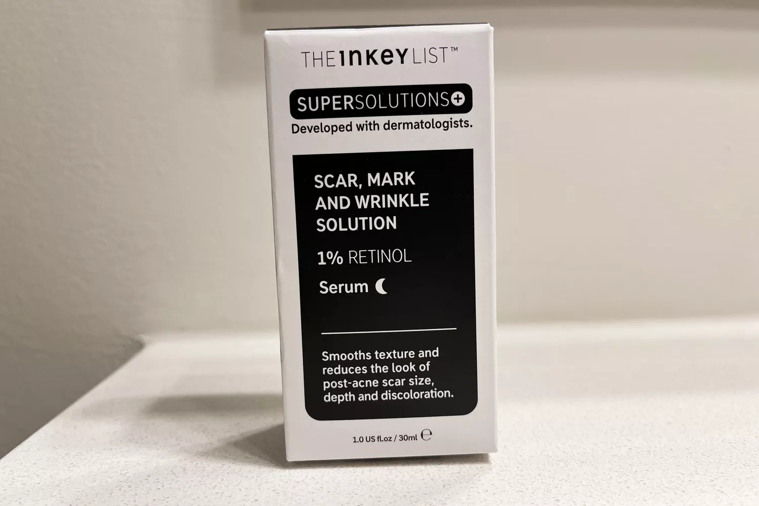 The packaging of the The INKEY List SuperSolutions 1% Retinol Serum